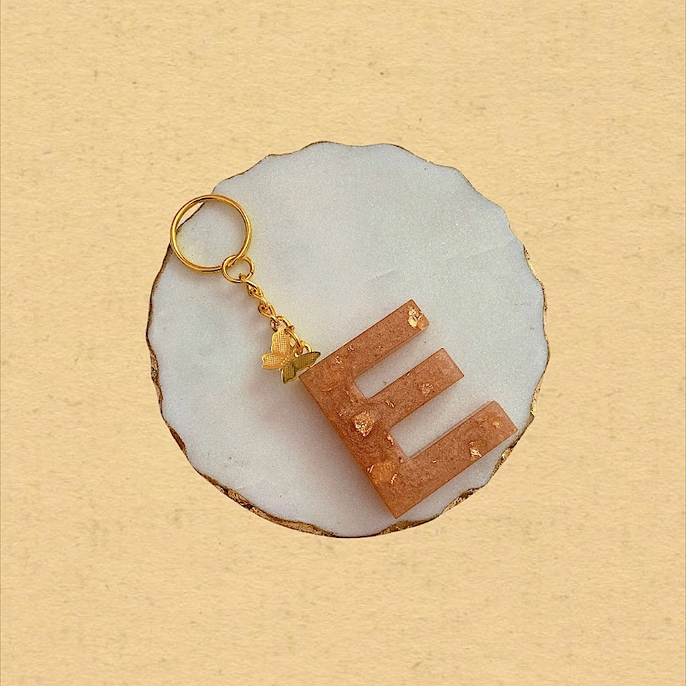 Custom Letter “E” Butterfly Key Chain - Peach Gold